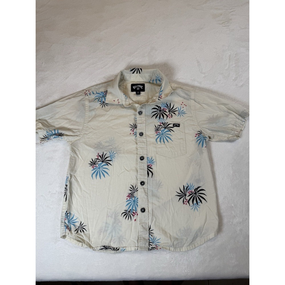 Billabong Boys XS Tropical Floral Button Up Shirt Short Sleeve White Flaw